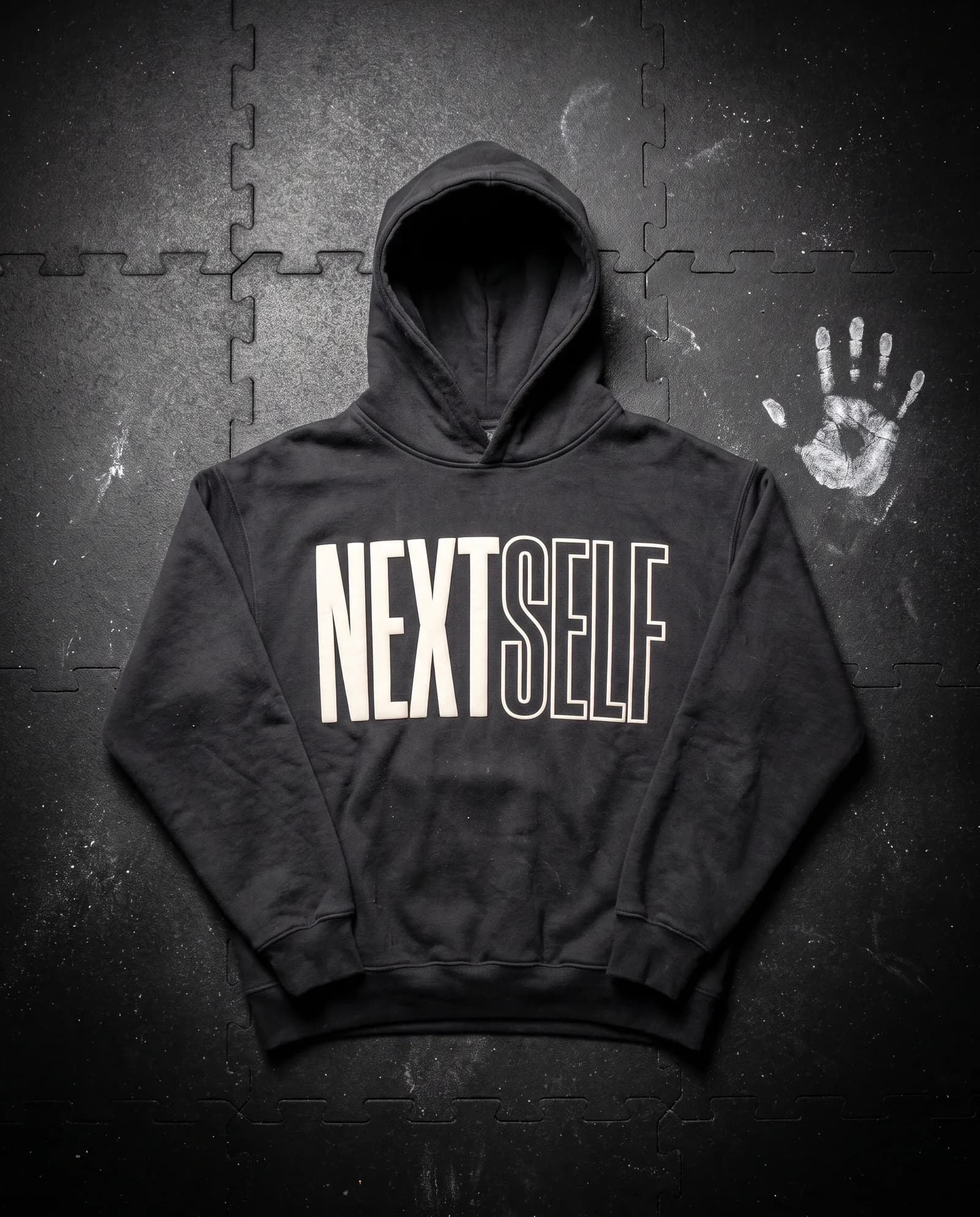 Outline Hoodie in Carbon, laid flat on a gym floor